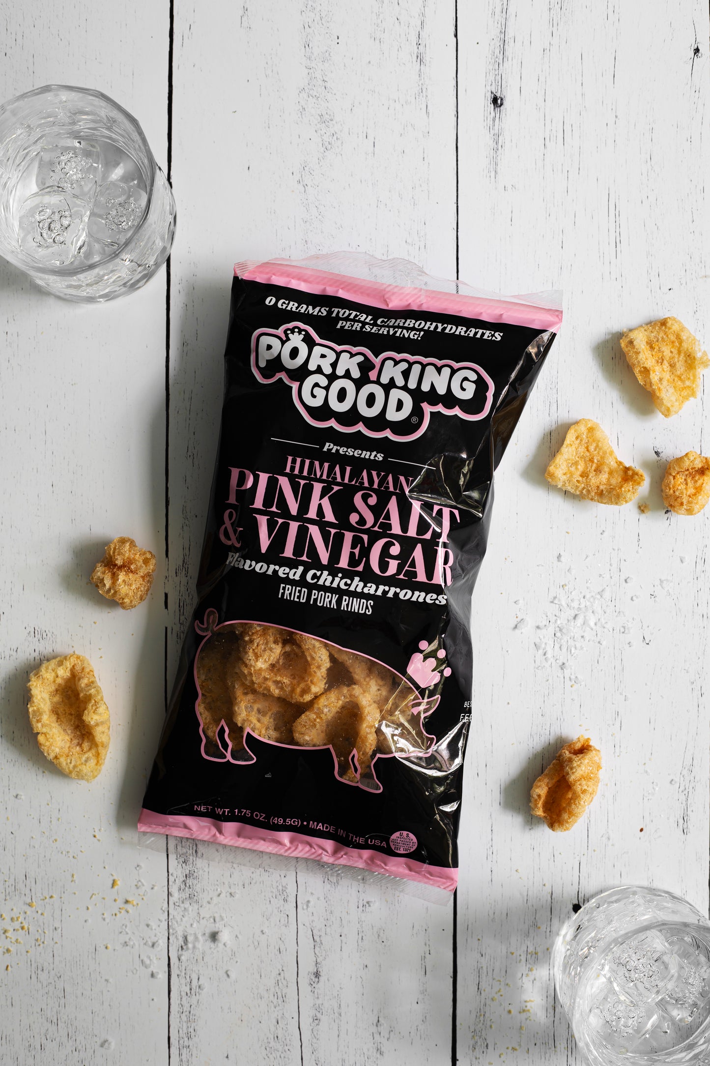 Pork King Good Himalayan Pink Salt & Vinegar Pork Rinds 1.75 oz - Single Bag