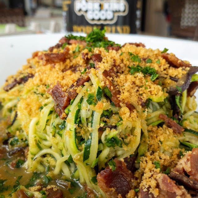Zoodle Carbonara with Pork Rind Mollica (Paleo, Keto) by Carson Sweezy