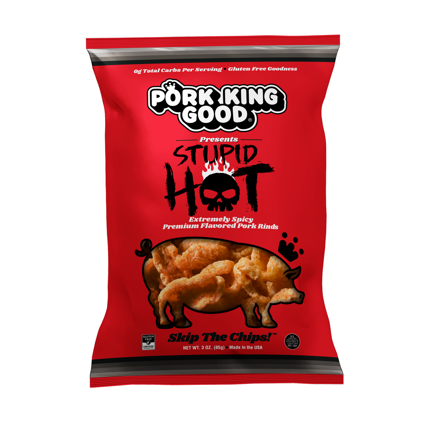 Pork King Good Stupid Hot Pork Rinds - 3 oz - Single Bag