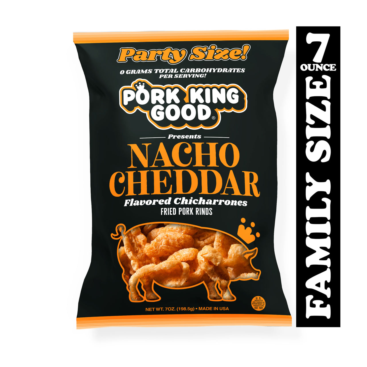 Pork King Good Nacho Cheddar Pork Rinds 7oz Party Size Bags